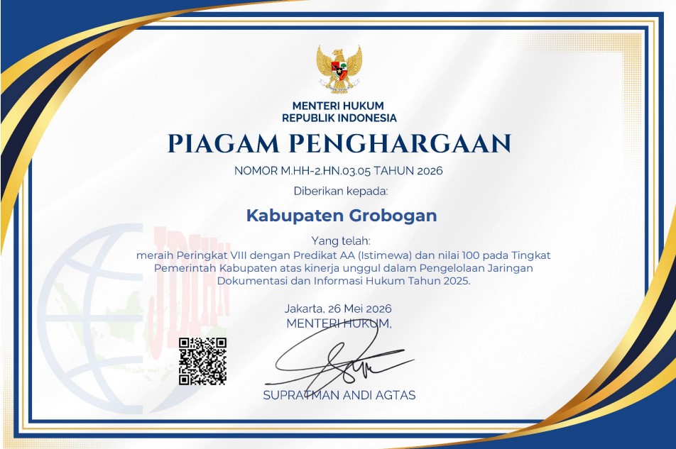 Piagam penghargaan JDIH Kabupaten Grobogan sebagai peringkat ke 8 nasional JDIHN 2026jpg